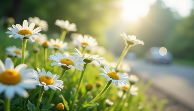 Beautiful white daisies with yellow center on green grass; Daisies in full bloom during sunset - Powered by Adobe