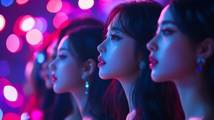 Group of attractive Korean girls, singers of a K-pop group or models. Background with out of focus lights