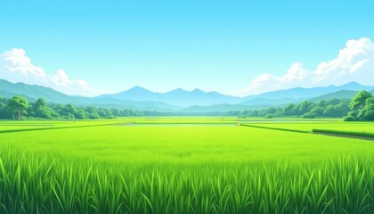 Serene landscape with green fields, mountains & blue sky