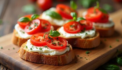 A mouth-watering assortment of bruschetta topped with fresh red tomatoes, basil leaves, and dollops of