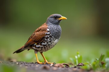 A brown speckled bird stands alone on the ground with a blurred background