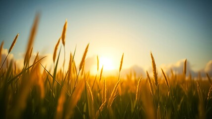 Fototapeta premium Golden hour illumination of a field of tall grass at sunset
