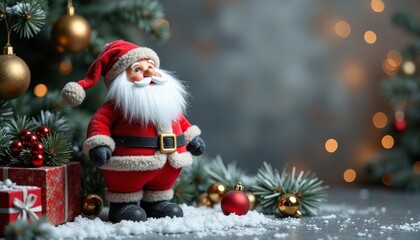 Obraz premium Santa figurine standing in front of Christmas tree with presents