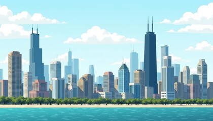 Fototapeta premium Illustrated Cityscape with Skyscrapers and Blue Water