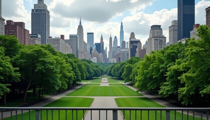Obraz premium City skyline with lush green park in foreground
