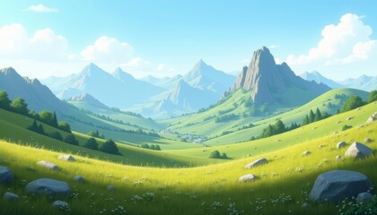 Mountainous landscape with green meadows and rocky outcrops