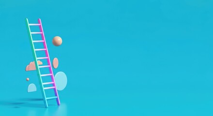 Obraz premium Surreal floating colorful ladder with shapes on blue background