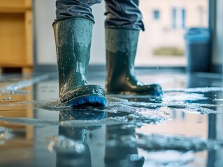 Person in Green Rubber Boots Cleaning Flooded Floor