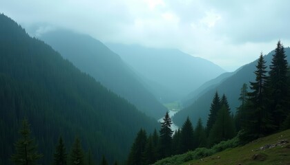 Fototapeta premium Vast mountain valley with river below