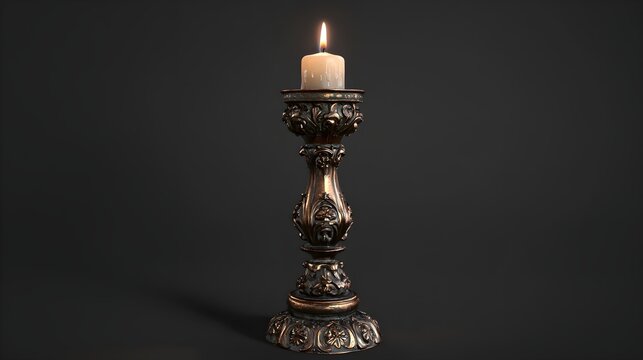 a timeless ornate antique candlestick holder with a burning candle emitting warmth and historical charm