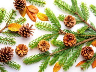Fototapeta premium Stunning Panoramic Photography of Redwood Tree Leaves and Twigs with Pine Cones Isolated on White Background for Nature and Botanical Themes