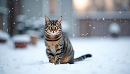Cat in snowy yard, looking at camera