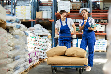 Young woman and young guy warehouse workers in overalls discussing documents