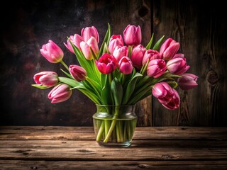 Fototapeta premium Stunning Spring Pink Tulips Bouquet on Rustic Wooden Table with Black Background - Perfect for Text Overlay and Floral Decoration