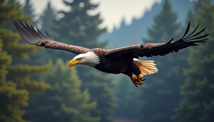 Obraz premium Eagle in flight over forest or Bald eagle soaring through trees