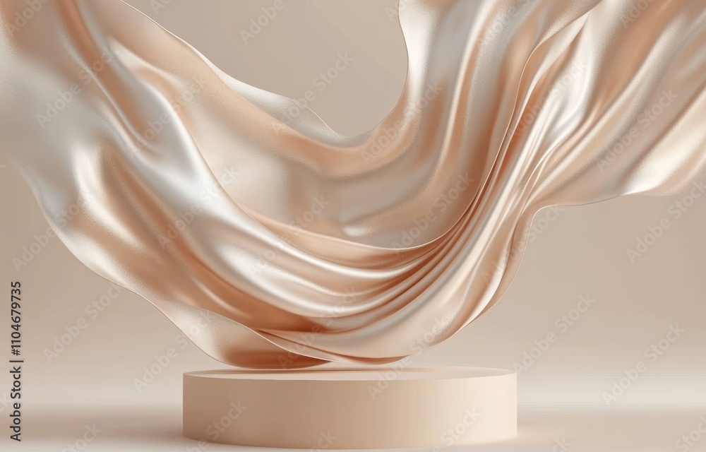 Poster 3d display stand with flowing beige silk fabric on minimalist podium and smooth neutral background f