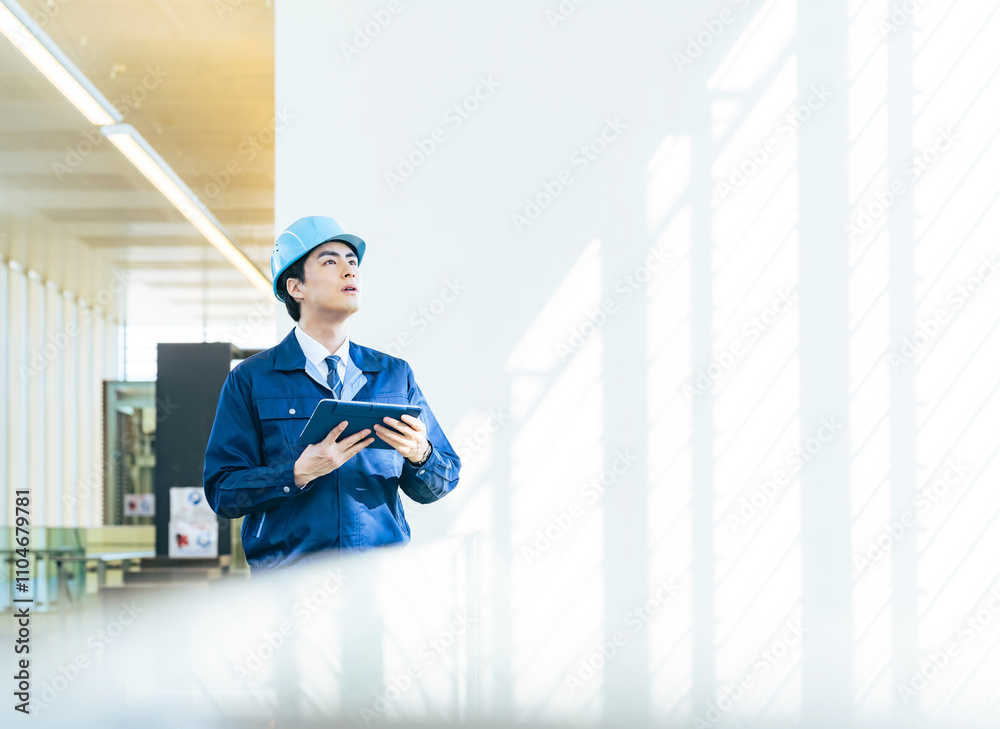 Poster 建設、ゼネコン、エンジニア、タブレット、男性、技術者、工場、作業員、点検、メンテナンス、チェック、ビルメン、工務店、DX、IIoT、設計、検査、確認、工事、耐震、仕事、日本人、安全、ヘルメット、作業服、ビル、建物、建築士、設計士、内装、解体、指さし、IT、開発、データ、見学、訪問、注文、発注、オフィス、人材、製造業、物流、産業、職人、デベロッパー、修理、業者、インフラ、人物