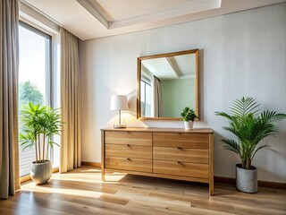Minimalist Bedroom Design: Bright Wooden Dresser with Mirror - Modern Interior Photography