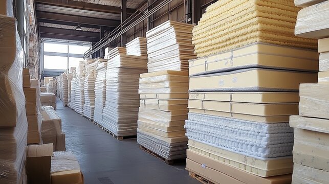 Warehouse for Stacked Foam Mattresses Organized for Recycling and Sale