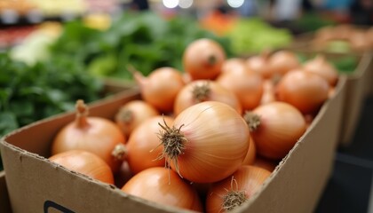 Fresh onions in a cardboard box