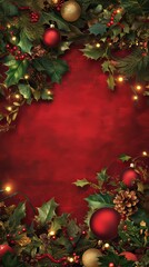 Create a warm and inviting copy space background for Christmas, adorned with rich red and green hues, twinkling lights, and festive decorations like holly and ornaments, providing a cozy canvas