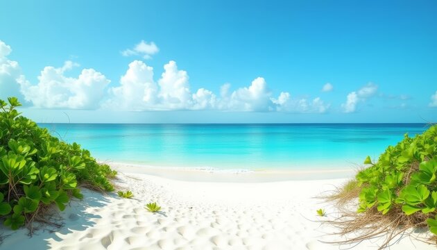 A serene tropical beach scene with crystal clear waters and a perfect blue sky