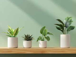 a collection of indoor plants in modern pots on a wooden shelf