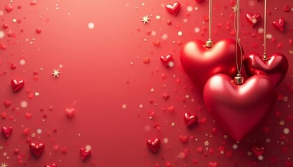 Bright red hearts on a background; Decorative heart ornaments hanging; Red star-shaped conf