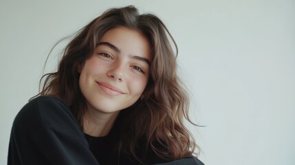 smiling young woman with wavy hair in a casual setting