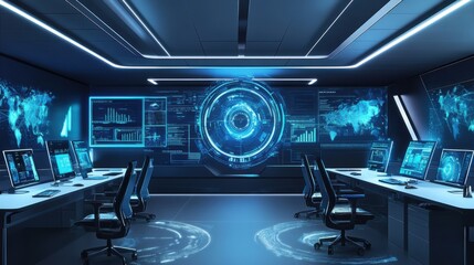A futuristic AI-driven cybersecurity command center, sleek office with advanced security monitoring and threat detection systems, Security style