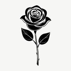 A black and white rose with leaves on a stem