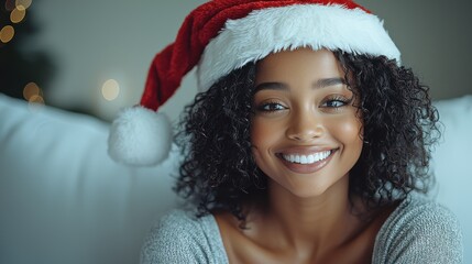 Photo of an attractive woman wearing a Santa hat, smiling and laughing,