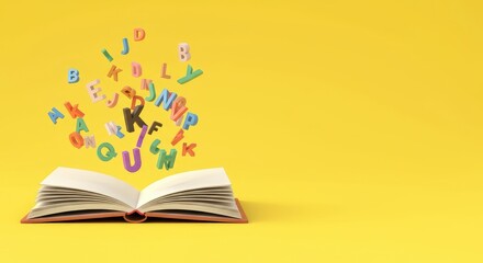 Open book with colorful letters flying out on yellow background