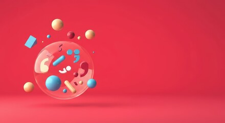 Fototapeta premium Abstract shapes and forms floating against vibrant red background