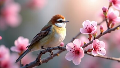Fototapeta premium A small bird sits on a branch with pink flowers