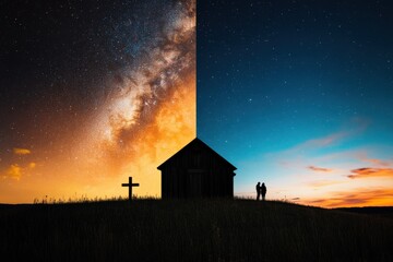 silhouetted couple against a stunning night sky and galaxy backdrop