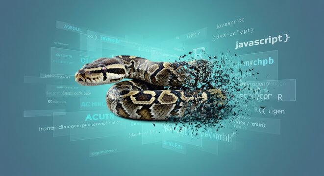 Digital python breaking apart with code snippets in background