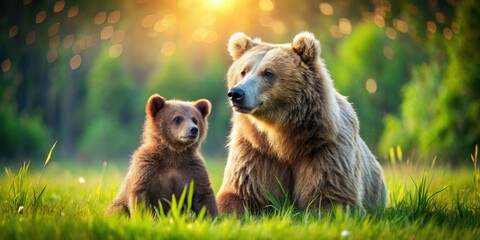 Obraz premium Adorable Bear Cub and Mama Bear in Grassy Meadow - Wildlife Photography