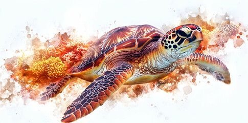 A vibrant illustration of a sea turtle swimming through colorful coral.