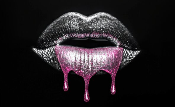 Glamorous black and silver lips with pink dripping paint, creating a striking visual. Perfect for beauty, fashion, and artistic expression concepts.