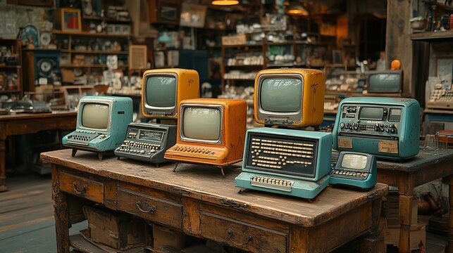 Vintage Computers and Teletype Machines on Old Wooden Table