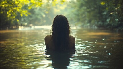 Fototapeta premium Woman bathing in tranquil jungle river.