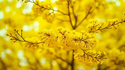 Vibrant yellow blossoms on slender branches create a stunning floral display in a soft-focus image.