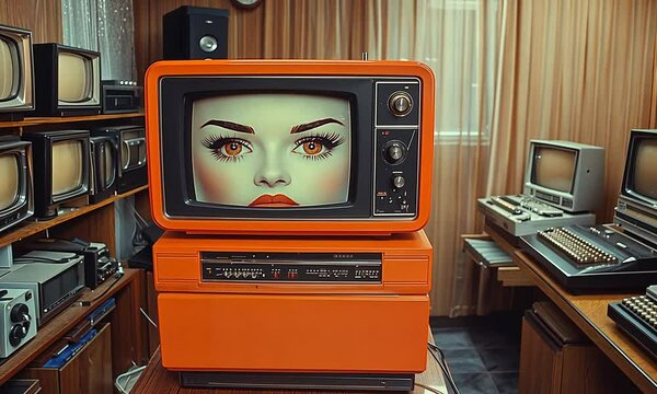 A vintage orange television with a mannequin face displayed inside, surrounded by retro electronics.