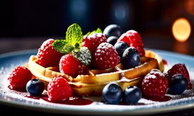Mouthwatering waffles served with vibrant mixed berries. Rich syrup pools around fluffy texture, creating an inviting and colorful dish. Ideal for food blogs and restaurant menus.