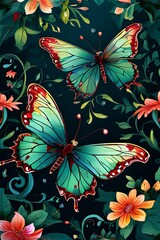 Fototapeta premium Artistic depiction of two radiant butterflies amidst lush floral patterns, capturing the essence of spring. Great for wallpapers, nature-inspired artwork, greeting cards, print, digital designs.