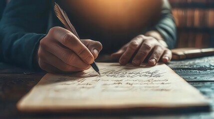 Calligrapher writing elegant letters with a quill, showcasing detailed penmanship