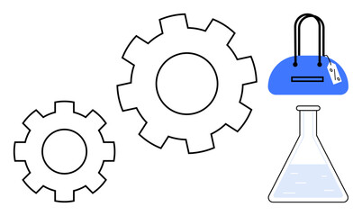 Gears in motion, handbag with a tag, and flask filled with liquid. Ideal for themes of engineering, fashion, retail, chemistry, innovation mechanical processes and product design. Line metaphor