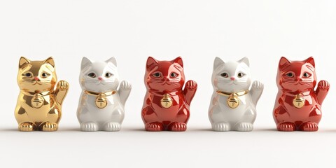 Five Colorful Maneki-Neko Lucky Cats in a Row