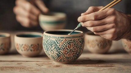 Ceramist painting intricate designs on handmade pottery, vibrant colors in focus